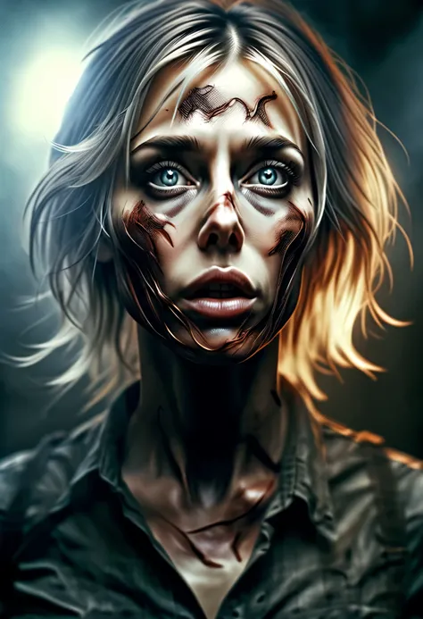 Silent Hill close up beautiful attractive sexy female portrait, clear sharp focus, featuring a dark and eerie atmosphere hyper realistic, 8K professional photography art, photorealistic masterpiece: by aaron horkey and jeremy mann: intricately detailed flu...