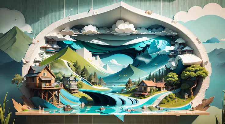 （with blue sky and white clouds，Green Mountains and Green Water，terraced），（（Papel Cortado Art，Layered art，flat hollow，Stacked，hollow out，3 Rendering））