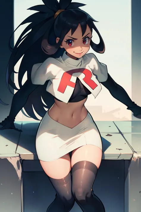 irisa, dark skin, glossy lips ,team rocket,team rocket uniform, red letter r, white skirt,white crop top,black thigh-high boots,...