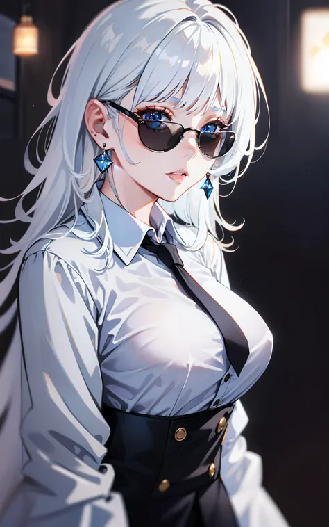 Alone ((perfect hand: 1.2)), White hair, Medium hair, Best quality at best, tmasterpiece, ultra - detailed, bluntbangs, The beautiful skin, white skinned, mediuml breasts, circular sunglasses, Eyes are covered, perfectionism, 耳Nipple Ring, lovely lips, The...