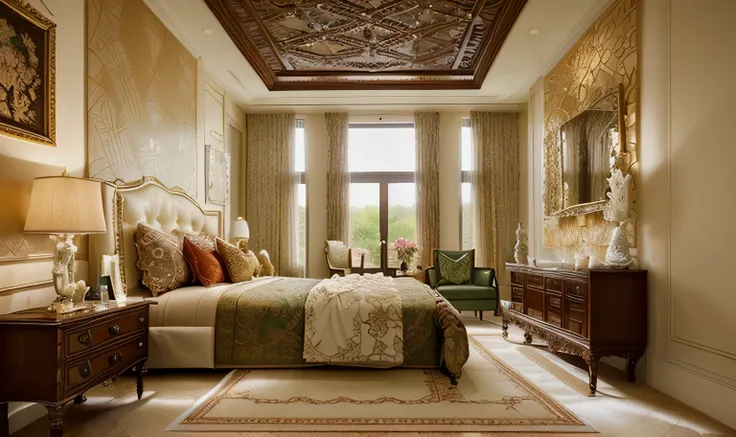 The ceiling is designed to be high and embellished with traditional details such as floral patterns, creating an elegant and charming atmosphere. The main wall often utilizes deep colors like red, dark green, or brown to accentuate the space. Classic paint...