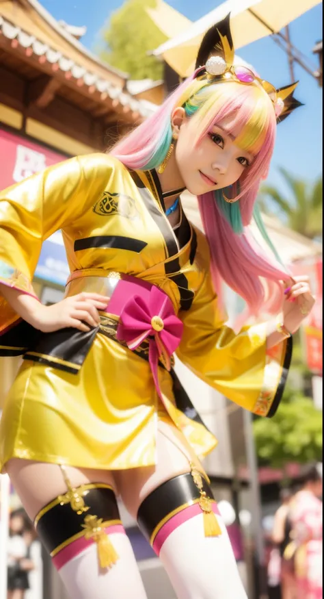 Esbian with an amazing female idol body、、gold miniskirt kimono、、fluorescent hair、Good Style、、