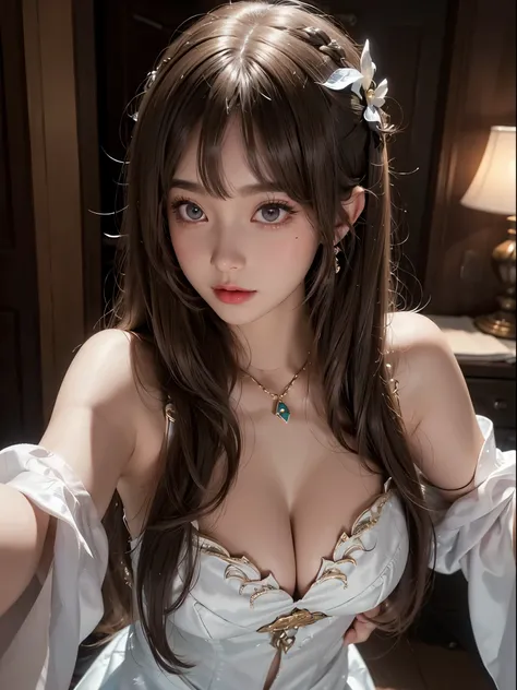 Brown hair long、silky straight hair、Big eyes with bangs and eyeliner、Nordic youth、perfect body figure、A plump chest、Chopping、Very beautiful and lovely、White muscle、Skin glows、Young and beautiful skin、Perfect and beautiful little face、Shiny makeup、Thin pink...