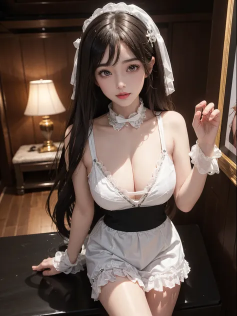 Special clothes39,maid, Brown hair long、silky straight hair、Big eyes with bangs and eyeliner、Nordic youth、perfect body figure、A plump chest、Chopping、Very beautiful and lovely、Hefty Smile、White muscle、Skin glows、Young and beautiful skin、Perfect and beautifu...