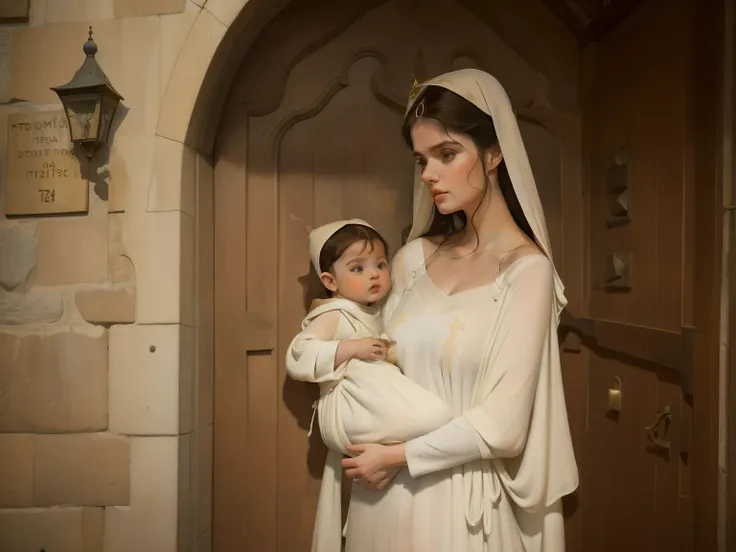 1144, Santiago de Compostela, Spain. otherworldly scene in a medieval street, ((((24-year-old)) Alexandra Daddario)), holding her son, a little ((baby boy)), wrapped in a blanket, ((((poor plain tunic gown from the 12th century)))), ((Hairstyle of the 12th...