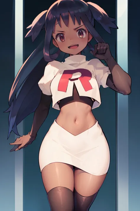 irisa, dark skin, glossy lips ,team rocket,team rocket uniform, red letter R, white skirt,white crop top,black thigh-high boots, black elbow gloves , looking at viewer, evil smile