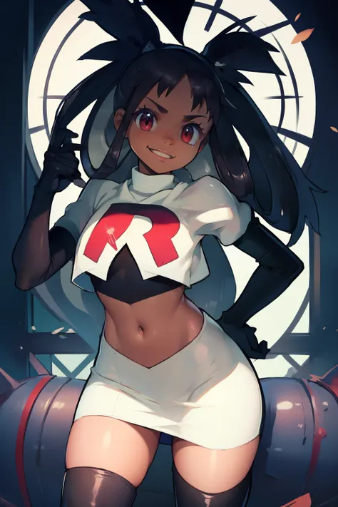 irisb dark skin, glossy lips ,team rocket,team rocket uniform, red letter r, white skirt,white crop top,black thigh-high boots, ...