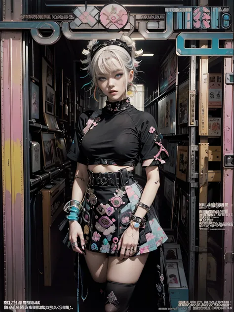 Flowing_contour biomechanical__cybernetic_airbrush___Strange__(((Japanese Harajuku style Fashion_((((Magazine_cover), (black Harajuku style clothing), bright colors)))__art_decor_Border)))__porcelain_and_Platinum / Futuristic Cyberpunk woman with porcelain...