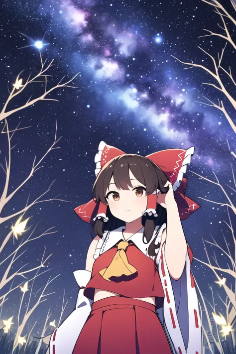 detailed background, masterpiece, best quality, 1girl, hakurei reimu, brown hair, hair tubes, hair ribbon, brown eyes, a forest full of purple and white trees, fireflies, purple theme, white theme, stars, milky way, cloudy, touhou project