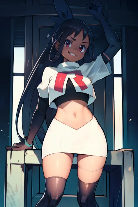 irisb dark skin, glossy lips ,team rocket,team rocket uniform, red letter r, white skirt,white crop top,black thigh-high boots, ...