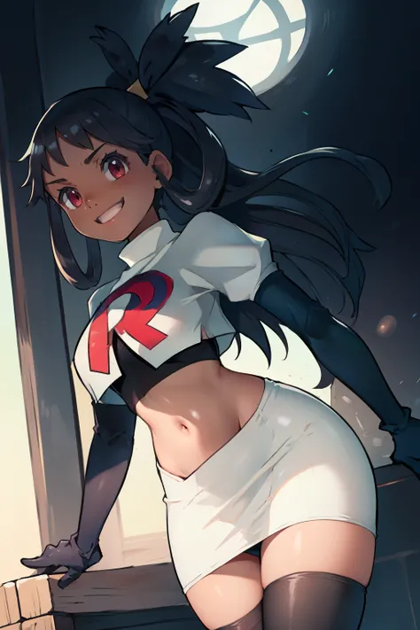 irisb dark skin, glossy lips ,team rocket,team rocket uniform, red letter R, white skirt,white crop top,black thigh-high boots, black elbow gloves , looking at viewer, evil smile