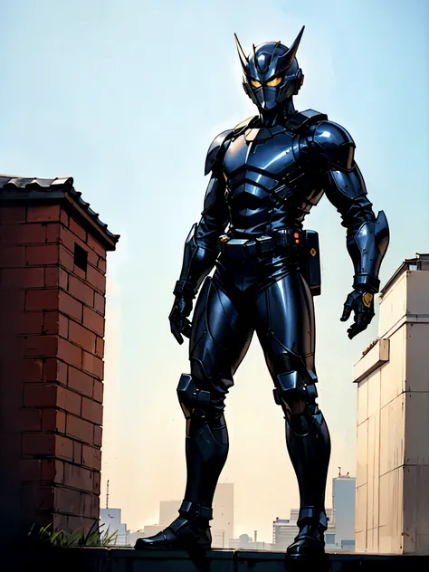 A super a high-tech biotech battle suit, standing on a rooftop, looking over the city, Japanese tokusatsu and American comic style, biometallic texture of the suit, sleek and shiny, dynamic, fast, natural light, cinematic, high quality, high resolution, hi...