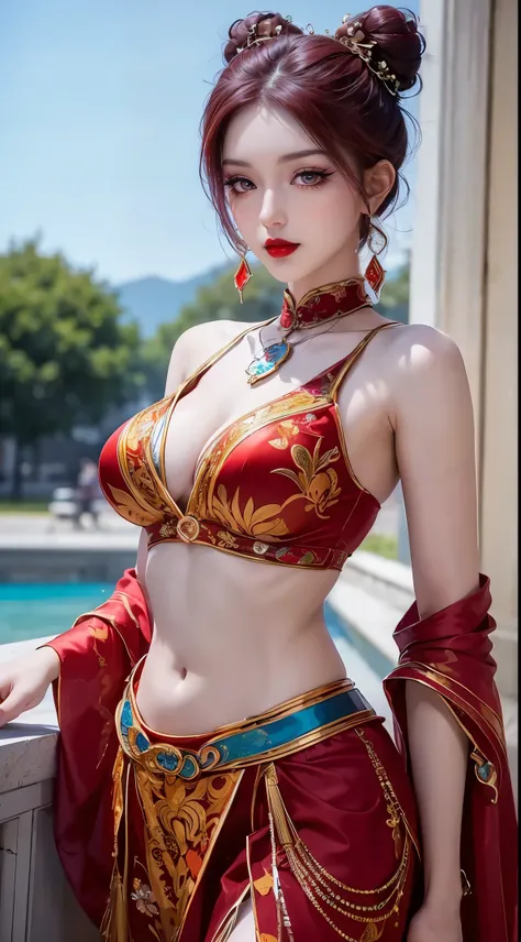 An ancient Chinese beauty stands and dances on the water, gorgeous costumes embroidered with intricate embroidery, flowing tulle, transparent long colorful ribbons tied on the arms, inspired by Dunhuang Flying Apsaras murals, showing navel, bare shoulders,...