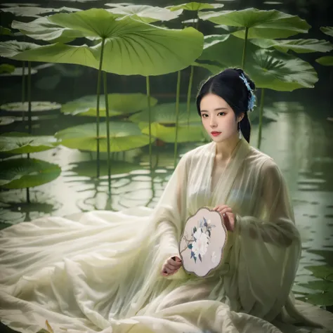 Fide woman in white dress sitting in pond，Holding a fan in his hand, inspired by Tang Yin, 宮 ， A girl in Hanfu, Inspired by Tang Yifen, Inspired by Chen Yifei, inspired by Gu An, white hanfu, Inspired by Qiu Ying, Inspired by Zhang Yan, jingna zhang, Inspi...