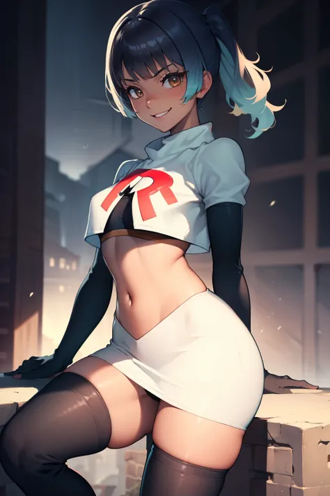 sena (xenoblade),brown skin, side pony tail ,glossy lips, light makeup ,team rocket,team rocket uniform, red letter R, white skirt,white crop top,black thigh-high boots, black elbow gloves , looking at viewer, evil smile, sexy pose