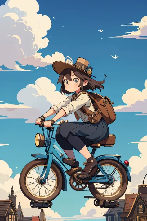 steampunkai。one girls。high school girl in steampunk style。riding a classic bicycle。a quick ride through a victorian town。dynamic...