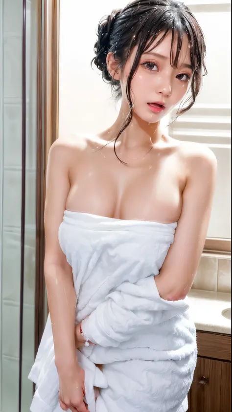 masutepiece, Best Quality, hight resolution, 1girl in, Japanese,Dark hair,half updo,(aftershower,team, wrapped in a towel is posing ,woman getting out of the shower wet and naked:1.1),(Surprised:1.6),(Open mouth:1.1),POV,Looking at Viewer,Nipples,Upper bod...