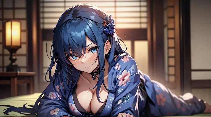 top-quality、Top image quality、​masterpiece、teens girl((18year old、 Ager、Best Bust、Medium bust,wide open breast tea、light blue eyerest, Black and light blue hair、A slender,Large valleys、dye ones cheeks red、disheveled black yukata、Sit up、Being drunk、Bright r...