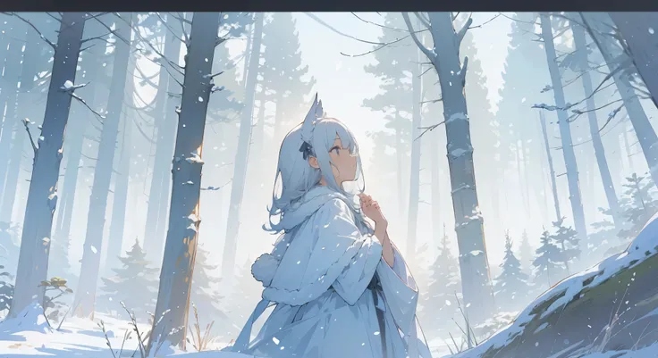 Masterpiece designs by the worlds top AI artists, (Watercolor 1.5)、(Pigment Thin 1.5)、top-quality, 8K，1girl in, white  hair, Warm winter clothes with fur, Winter Forest, Snowflake, Soft cinematic light, elegent,  Back lighting, sface focus, brilliance, Fro...