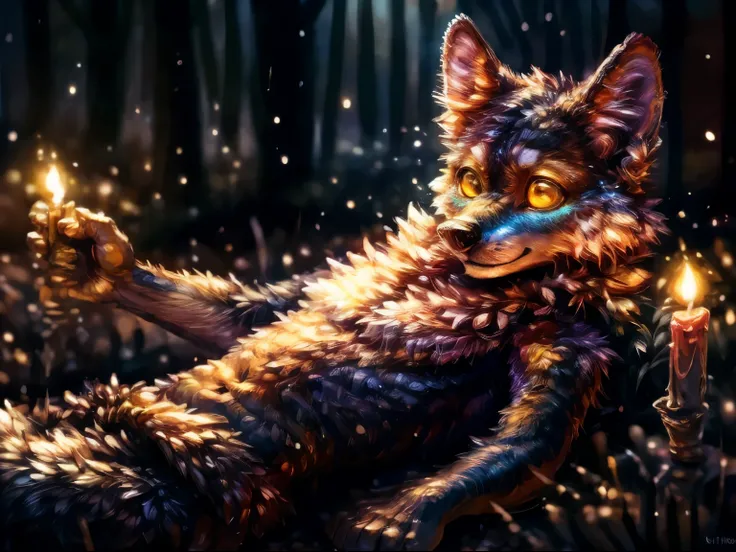 ((((full body)))), solo, male, (slim), (male wolf):1.3, (laying on back):1.3, (kemono:1.4) detailed eyeody portrait)), , (detailed eyes, green eyes, glowing eyes):1.1, (outdoors:1.35), forest, candle, night, (particles ,firefly, blue glowing):1.3, detailed...