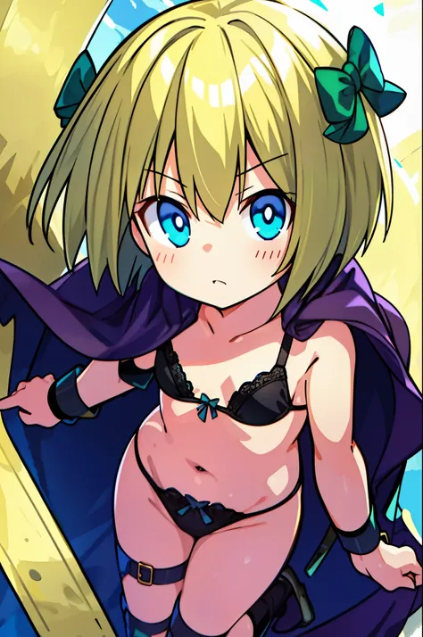 Little Girl, a blond, Short hair, big drooping eyes, Blue eyes, High quality, Best Quality, Town, city, Westcastle, Blue sky, Cute, two green ribbons on the head,, Purple cloak,(Black lace underwear:1.2), (Black Lace Bra:1.2), Fleeting expression ,is stand...