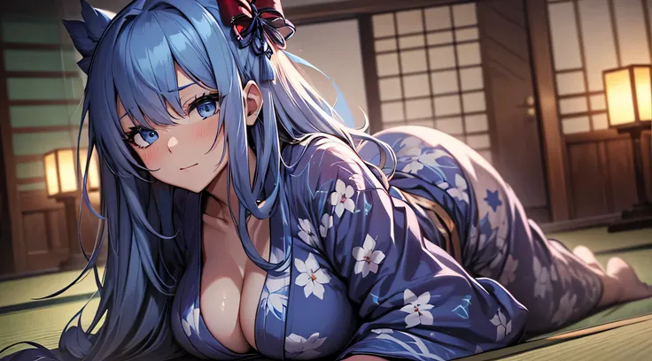 top-quality、Top image quality、​masterpiece、teens girl((18year old、 Ager、Best Bust、Medium bust,wide open breast tea、light blue eyerest, Black and light blue hair、A slender,Large valleys、dye ones cheeks red、disheveled black yukata、Sit up、Being drunk、Bright r...