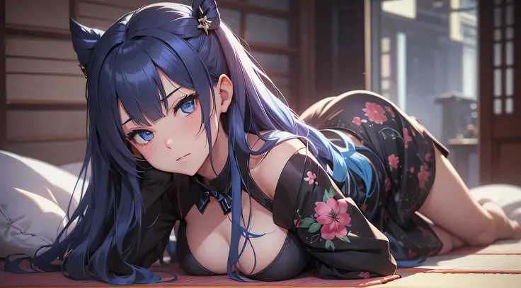 top-quality、Top image quality、​masterpiece、teens girl((18year old、 Ager、Best Bust、Medium bust,wide open breast tea、light blue eyerest, Black and light blue hair、A slender,Large valleys、dye ones cheeks red、disheveled black yukata、stand up、Being drunk、Bright...