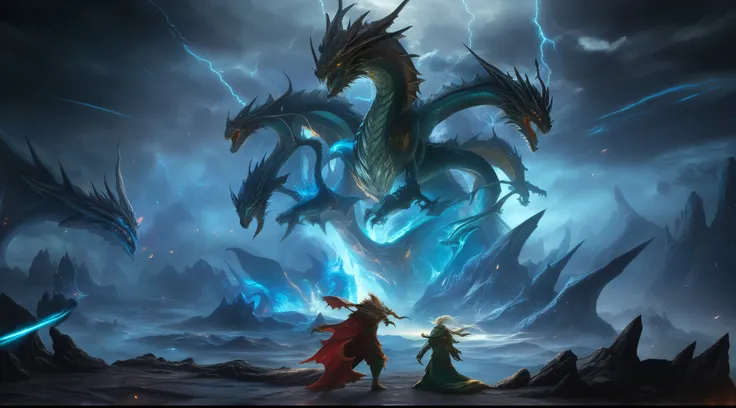 Two people stand in front of a giant dragon, battle the dragon, Epic fantasy art style HD, lightning dragons attack, epic fantasy game art, epic fantasy digital art, Frost Dragon, d & d fantasy digital art, fractal thunder dan mumford, colossal dragon in b...