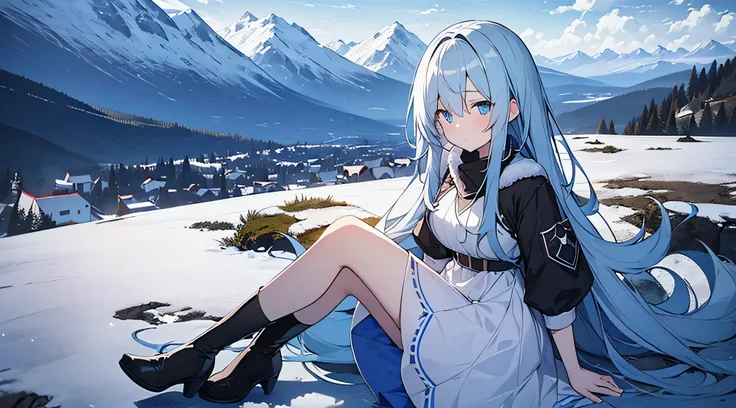 cartoon girl, long and fluffy sky blue hair,knee high purely white dress, black boots, blueish pale skin,blue eyes, looking really sad, sitting on top a mountain in snow, snowy mountain landscape, looking over at a medieval village down the mountain, black...