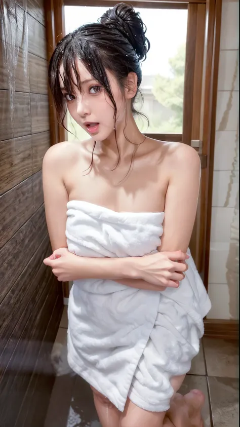 masutepiece, best quality, hight resolution, 1girl in, japanese,dark hair,half updo,(aftershower,team, wrapped in a towel is pos...