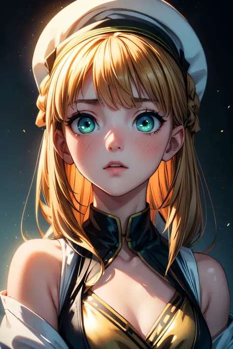 (One girl、Dressed in a dress and hat, girls frontline, Midsummer themed costumes, multilayered outfit,Dressed, Mid summer、Soio、Top image quality, Transverse conveying，Half-length picture，largeeyes，eye closeup，（with short golden hair），（Green eyes），hair scru...