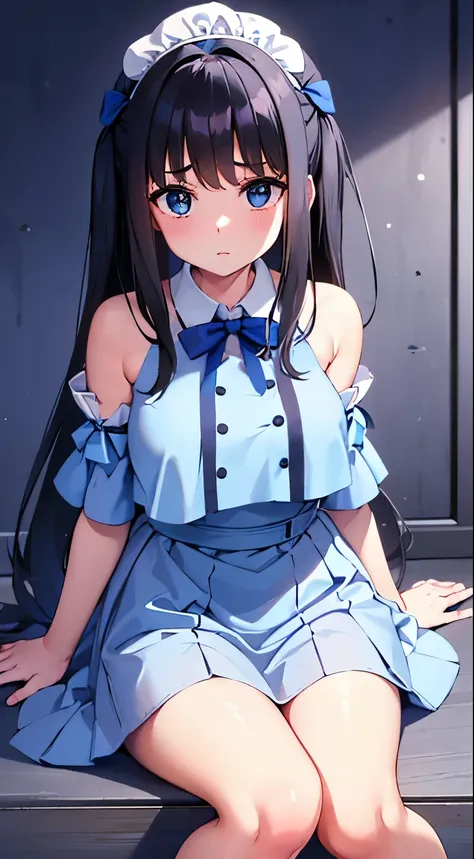 A teenage girl，cute big breastlatchest，Poor milk，black color hair，Wearing a light blue bow on her head，Blue pupil，cropped shoulderandeau，A light blue bow tied on the chest，pastel blue dress，Light blue skirt，piles of sleeves，White knee-length socks，White le...