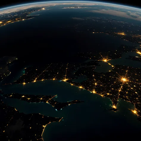 super high quality, earth at night seen from space, only urban areas are unusually bright