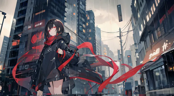 1 girl,natta,heavy rain poured,Manteau,guitar，black hair color hair，wine red eyeusy traffic on sky bridge，The feeling of loneliness，Hair is dull，vacant eyes，Wet hair，swoon，sad expressions，style of anime，in a panoramic view