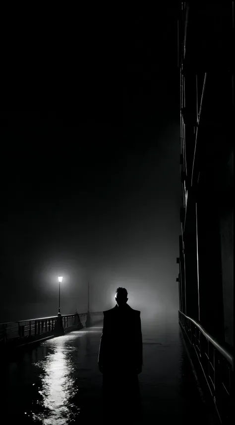 Picture an old, foggy bridge at night that captures the true essence of Neo-Noir, dramatically altered by chiaroscuro lighting, creating a scene of stark contrasts with deep shadows and vivid highlights. Envision a solitary figure leaning on the railing an...