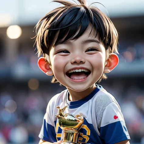 stadio。trophy，little boy portrait。laughing heartily。celebrating。cheer。Background bokeh。