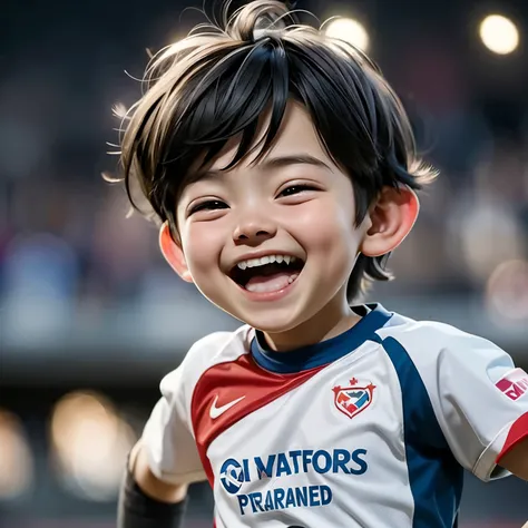 stadio。little boy portrait。laughing heartily。celebrating。cheer。Background bokeh。