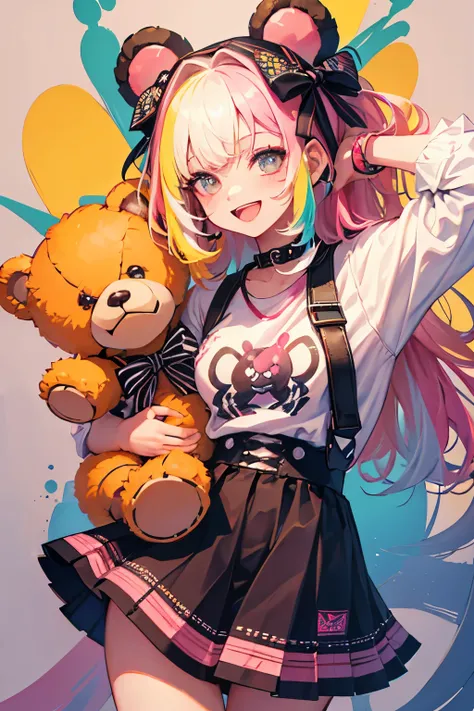 （illustratio：1.3）Teddy bear with girl smiling with open mouth,Painted with multicolored inks,Punk style,Innocent Teddy Bear,Radiant,Delicate,high-level image quality,Honey is dripping