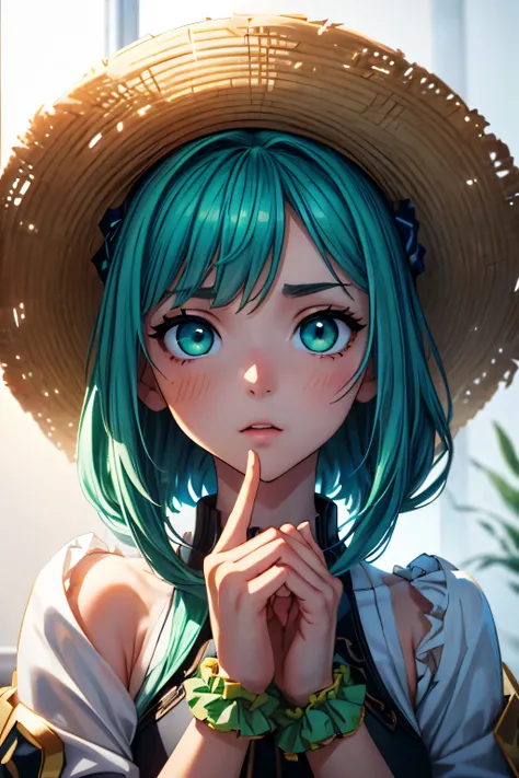 (One girl、Dressed in a dress and hat, girls frontline, Midsummer themed costumes, multilayered outfit,Dressed, Mid summer、Soio、Top image quality, Transverse conveying，Half-length picture，largeeyes，eye closeup，（with short golden hair），（Green eyes），hair scru...