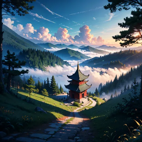 (best quality,4k,8k,highres,masterpiece:1.2),ultra-detailed,amazing sky landscape,Temple,At the Top of the Mountain,In the Mist,Forest, Sky.