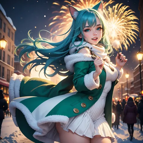 snow  winter celebration beautiful happy woman, beautiful detailed face, blue green hair, shining green eyes, white and green colors, dynamic pose, lights, fireworks, sky full of fireworks, cat ears, wearing furry winter coat and a winter knitted dress cel...