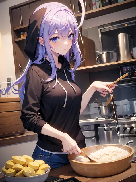 tang wutong, big boobs, wearing a hoodie and jeans, cooking, kitchen, home