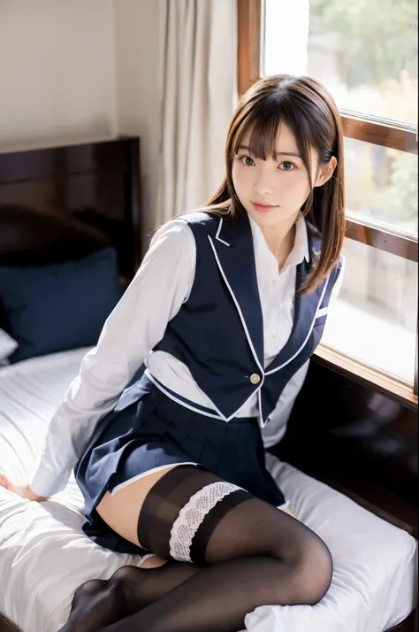 ulzzang -6500-v1.1, (​masterpiece:1.3), (8K, Photorealsitic, Raw photography, Top image quality: 1.4), Classy elite girl sitting on a park bench, Phenomenally cute face、wearing japanese school uniform, Wear ultra-realistic pantyhose、japanese girl school un...