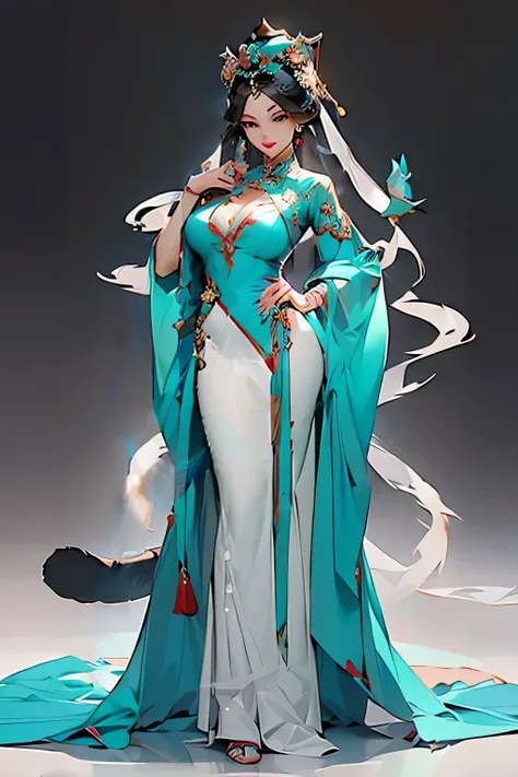 elderly woman,Full body photo,Wear ancient Chinese costumes,with wrinkles on his face,Tiger fangs exposed from lips,tail like a leopard,Wear jade jewelry on your head,There are three big blue birds around,flatchest