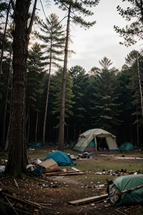 realistic image of a destroyed camp in the middle of the forest, fotografia de filmes de terror