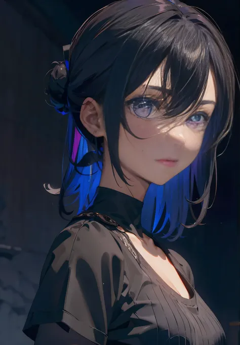 ((masterpiece)), ((ultra-detailed)), pixiv, best shadows, best lighting, best quality, absurdres, highres, cinematic shot, rim lightning, , dark lightning, 1girl, solo, black hair, choker, black choker, looking at viewer, hair bun, medium hair, single hair...