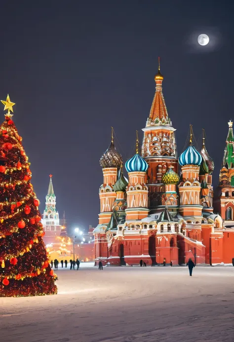 night view of moscow, winter, luna, night lights, christmas decorations, red square, kremlin, high resolution artistic photograp...