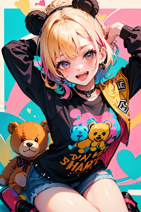 （illustratio：1.3）Teddy bear with girl smiling with open mouth,Painted with multicolored inks,Punk style,Innocent Teddy Bear,Radiant,Delicate,high-level image quality,Honey is dripping