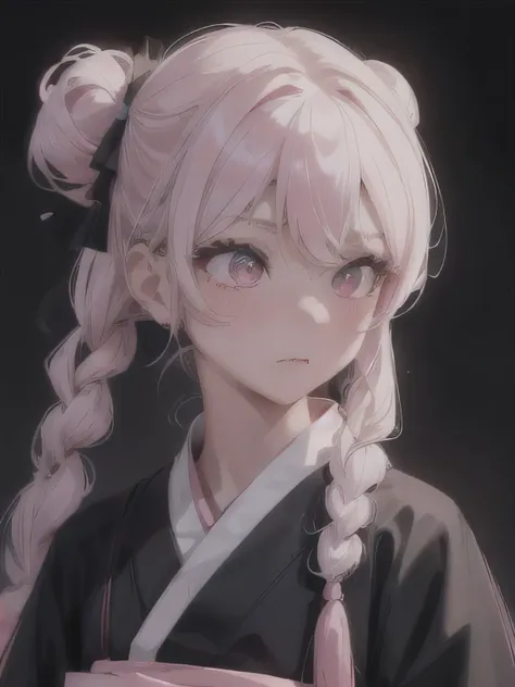 black korean traditional clothing, light pink hair, almost white, light pink eyes, long eyeslashes, solid circle eyes, ear blush, fang, shadowy, 8K, super detaill, ccurate, Best Quality