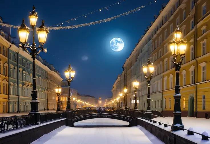 Night view of the street.. Petersburg, winter, luna, night lights, Christmas decorations, Nevsky Prospekt, bridges, high resolution artistic photography, Landscape Mode